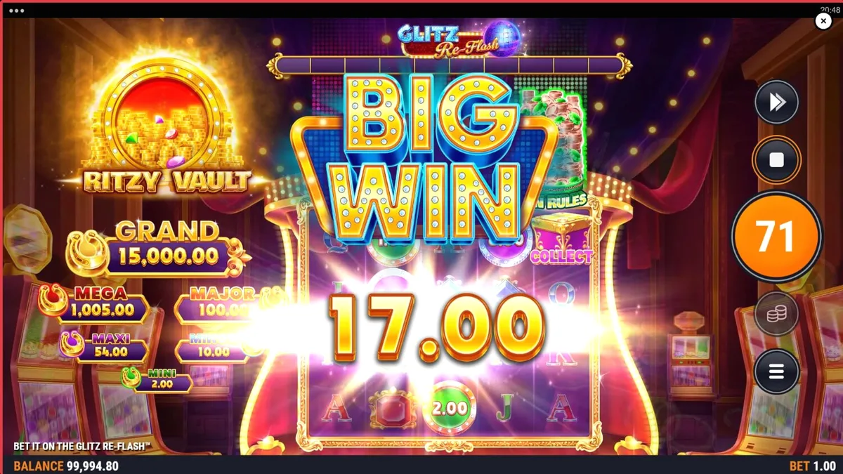Bet It on the Glitz Re-Flash slot mobile interface showing neon symbols.