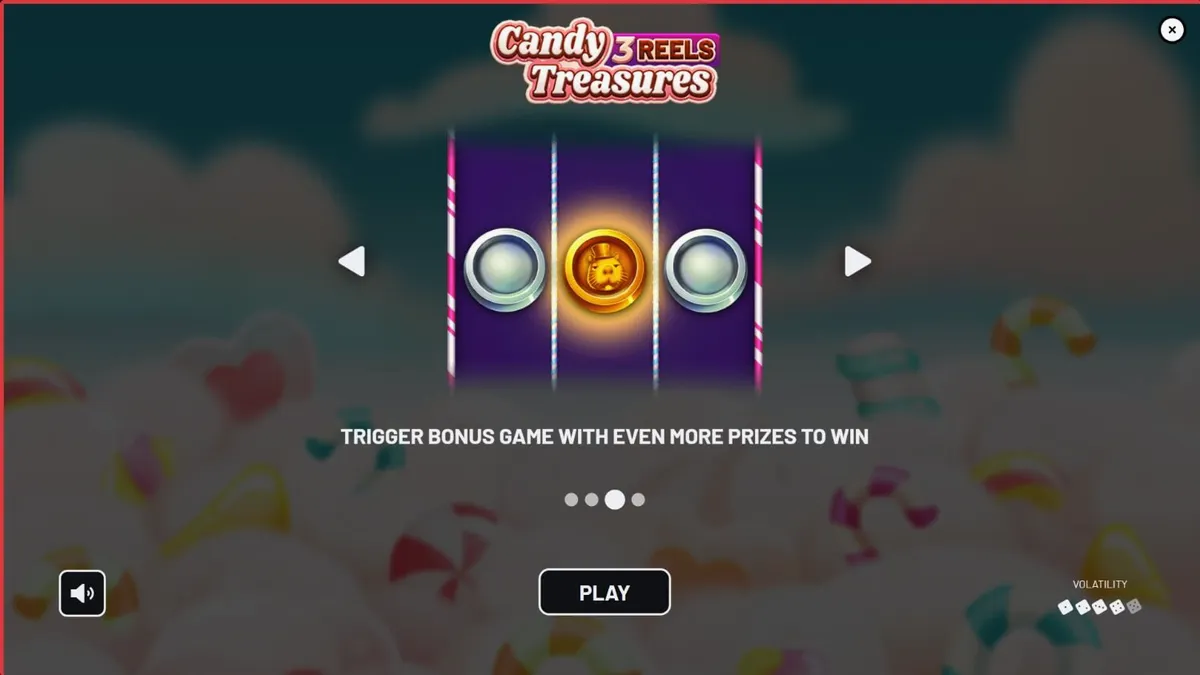 Candy Treasures 3 Reels slot machine interface featuring colorful sweets and cakes